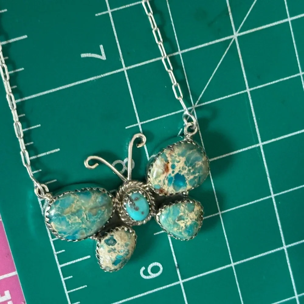 Turquoise & Sea Sediment Jasper Butterfly Southwestern Sterling Silver Necklace - Picture 4 of 9